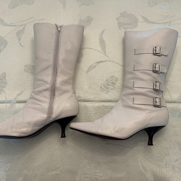🤍 Colin Stuart Off-White Mid-Calf Leather Buckle Boots - Picture 2 of 8